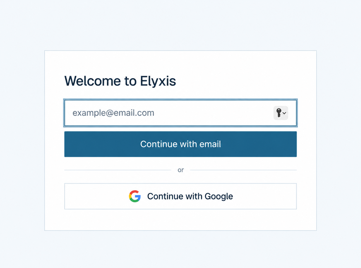 Elyxis sign-in screen with email and Google sign-in options