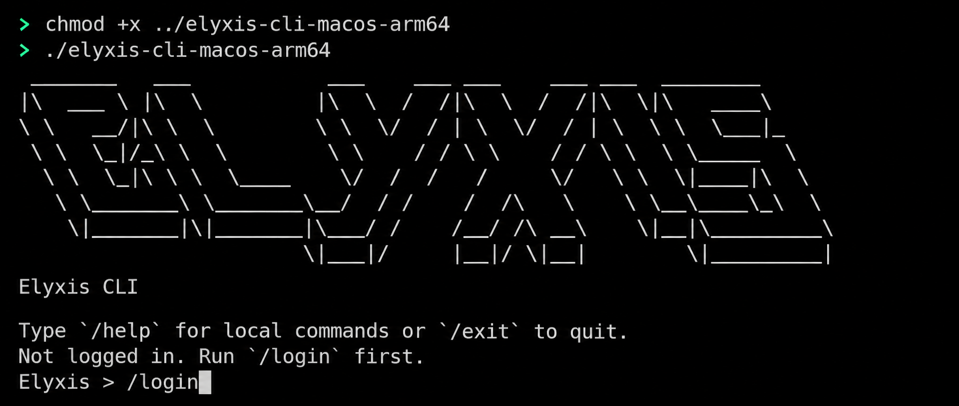 macOS terminal showing chmod, the Elyxis CLI launch, and the login prompt